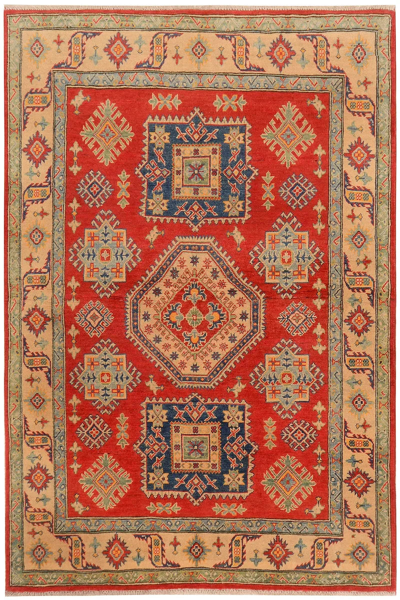 Red Afghan Kazak Rug 4' 9" x 6' 10" Hand-Knotted | No. QA98176
