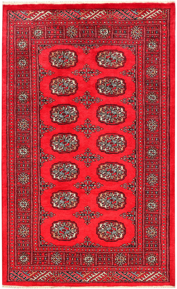 Red Pakistani Bokhara Rug 3' 2" x 5' 2" Hand-Knotted | No. QA98211
