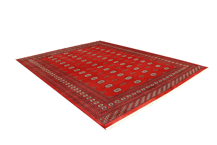 Firebrick Red Pakistani Bokhara Rug 9' 1" x 11' 10" Hand-Knotted | No. QA98491