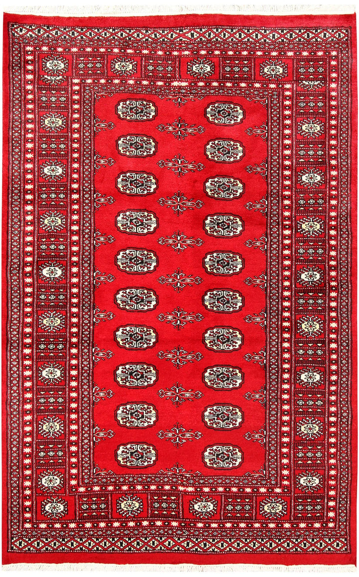 Red Pakistani Bokhara Rug 4' 2" x 6' 4" Hand-Knotted | No. QA98722