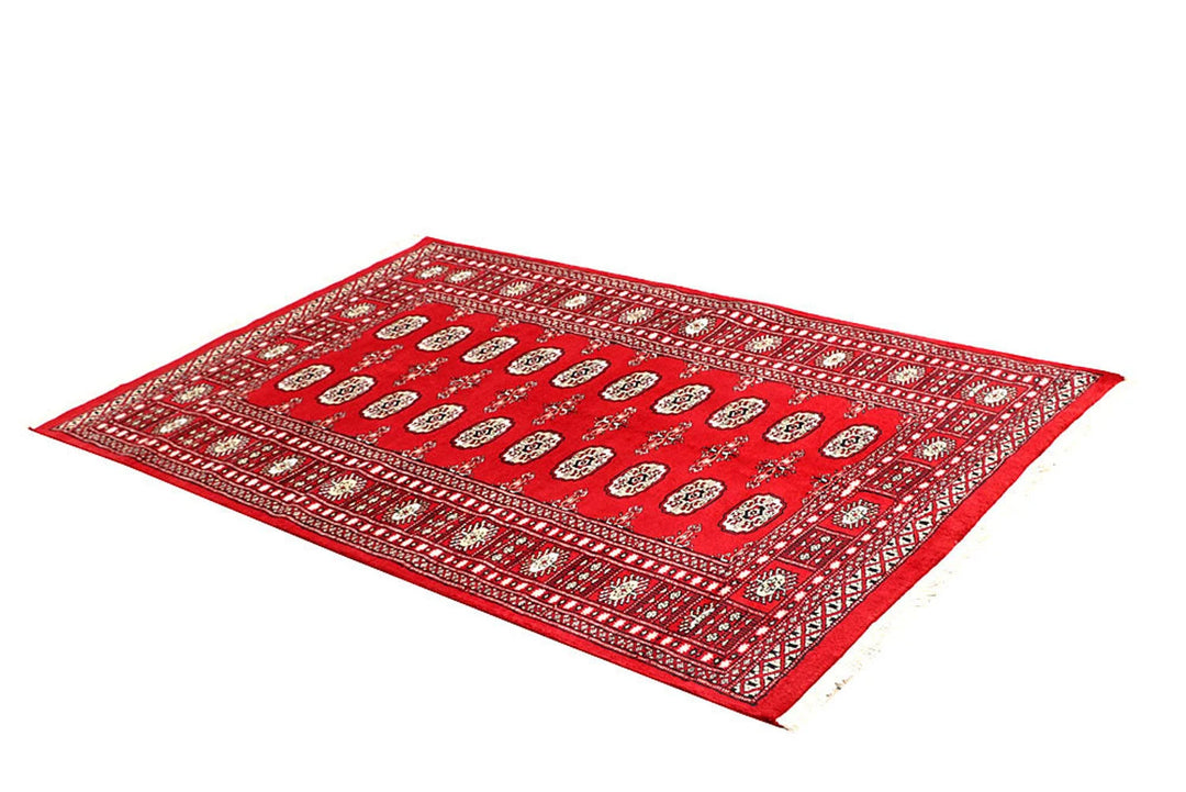 Red Pakistani Bokhara Rug 4' 2" x 6' 4" Hand-Knotted | No. QA98722