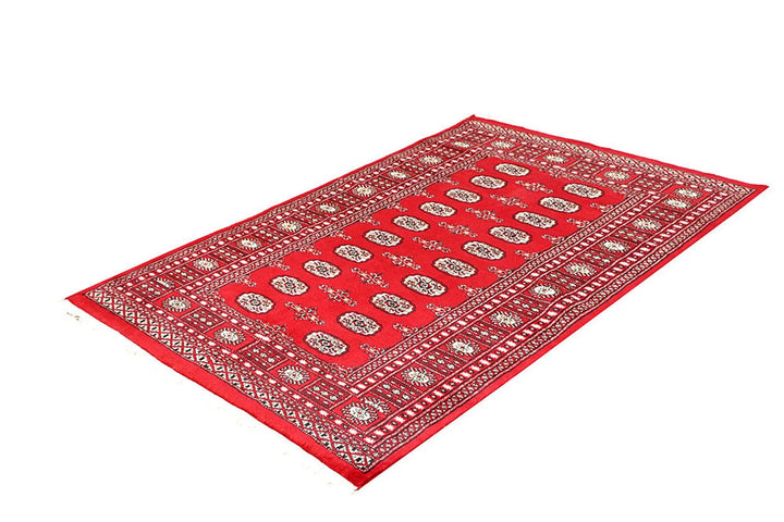 Red Pakistani Bokhara Rug 4' 2" x 6' 4" Hand-Knotted | No. QA98722