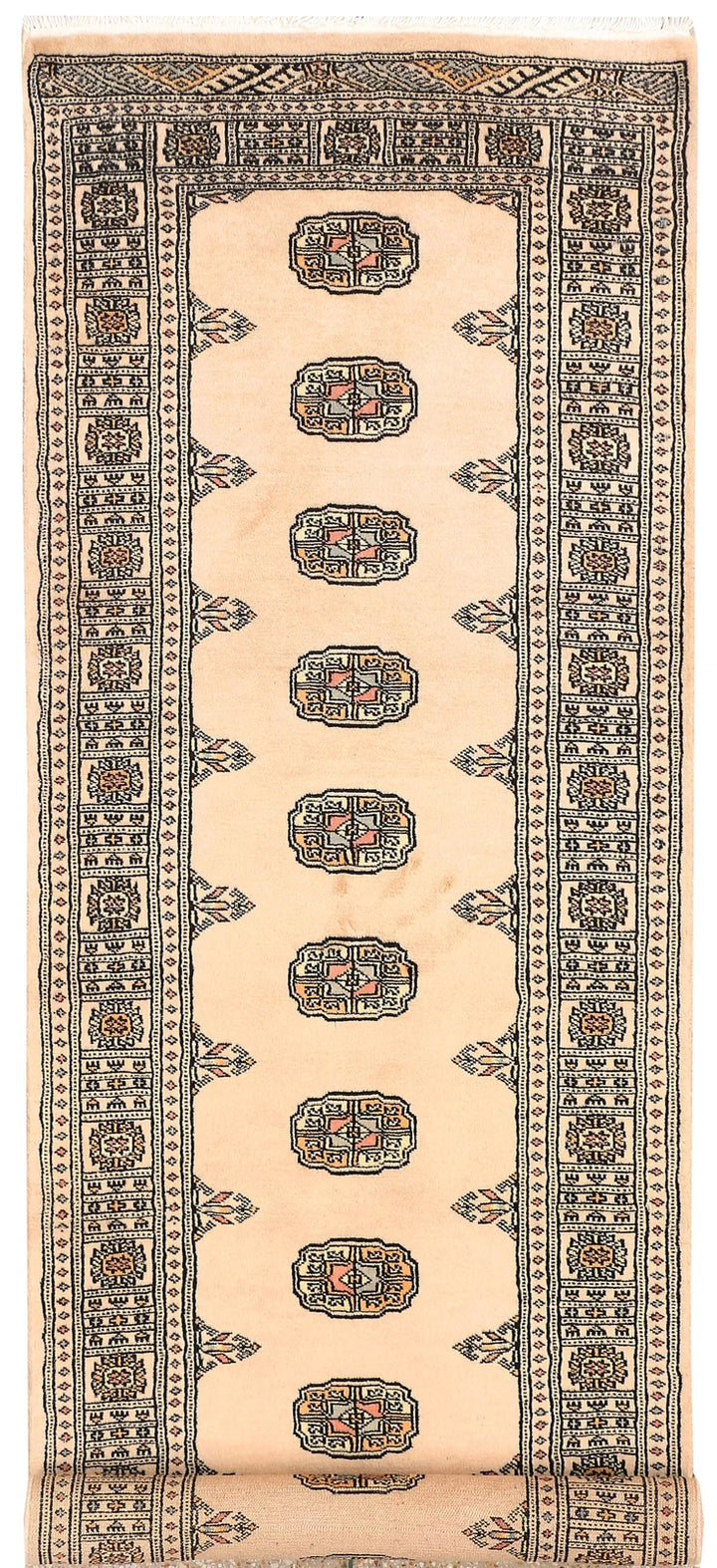 Antique White Pakistani Bokhara Rug 2' 7" x 8' 8" Hand-Knotted | No. QA99364