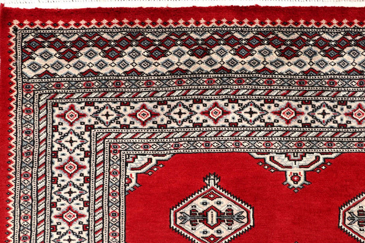 Red Pakistani Jaldar Rug 6' 7" x 7' 3" Hand-Knotted | No. QA99498