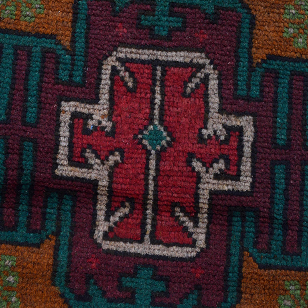 Orange Afghan Baluchi Rug 2' 2" x 6' 7" Hand-Knotted close-up