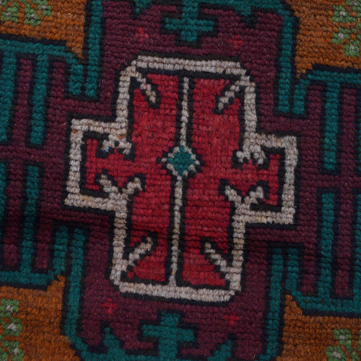 Orange Afghan Baluchi Rug 2' 2" x 6' 7" Hand-Knotted close-up