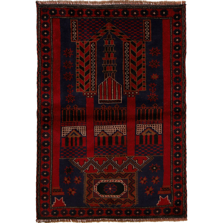 Afghan Prayer Rug 3' 1" x 4' 6" Hand-Knotted