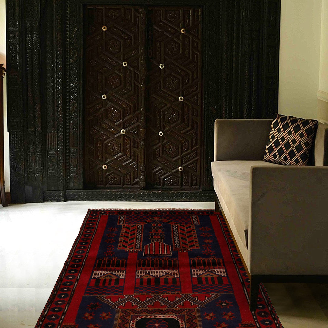 Afghan Prayer Rug 3' 1" x 4' 6" Hand-Knotted texture