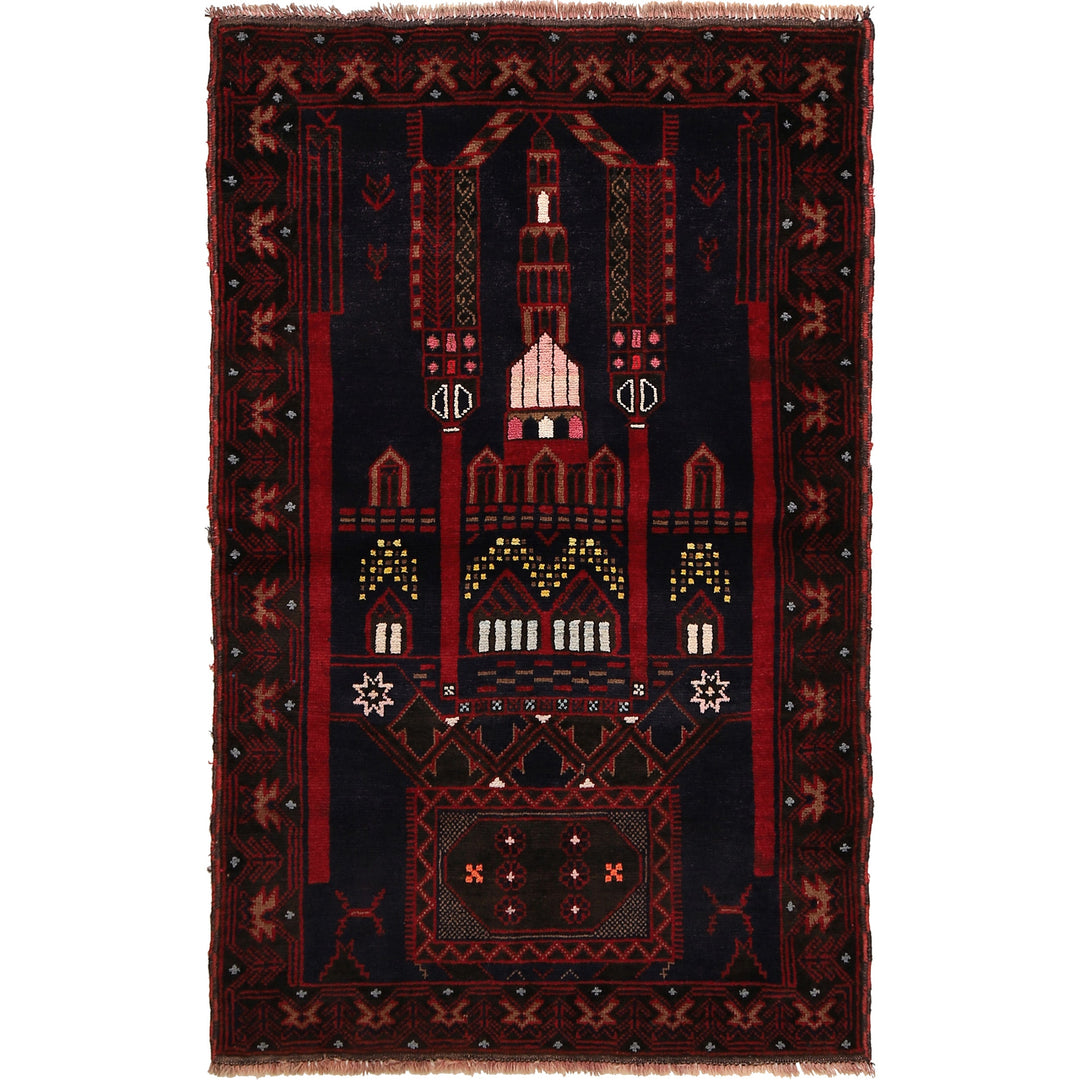 Afghan Prayer Rug 3' 1" x 4' 11" Hand-Knotted