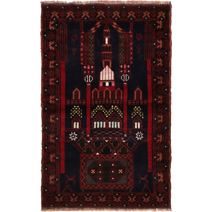 Afghan Prayer Rug 3' 1" x 4' 11" Hand-Knotted