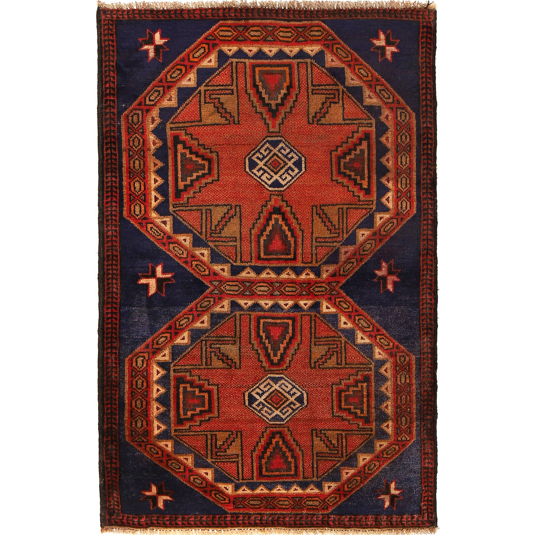 Navy Blue Afghan Baluchi Rug 3' 0" x 4' 9" Hand-Knotted