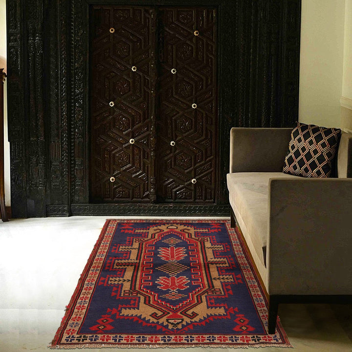 Navy Blue Afghan Baluchi Rug 3' 2" x 4' 11" Hand-Knotted texture