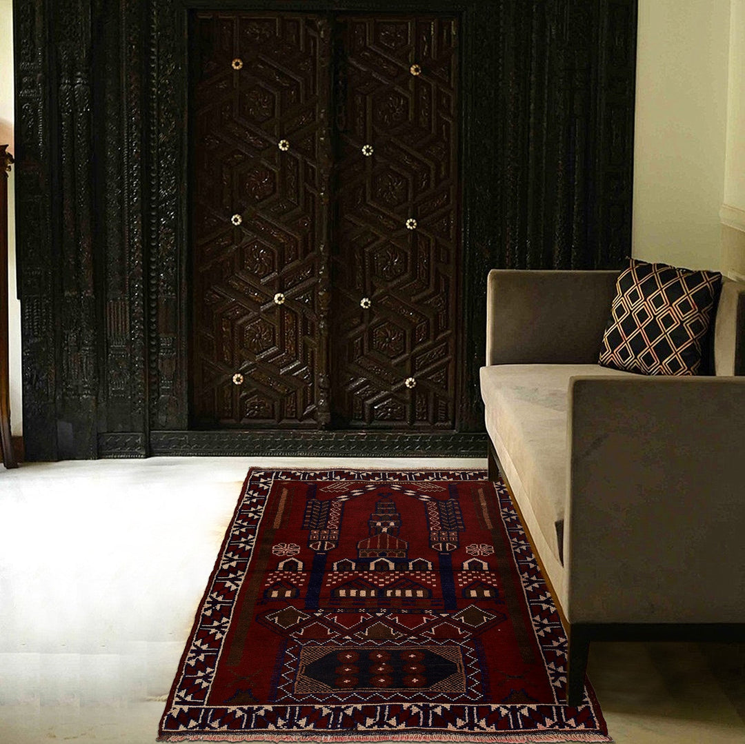 Red Afghan Prayer Rug 2' 11" x 4' 7" Hand-Knotted texture