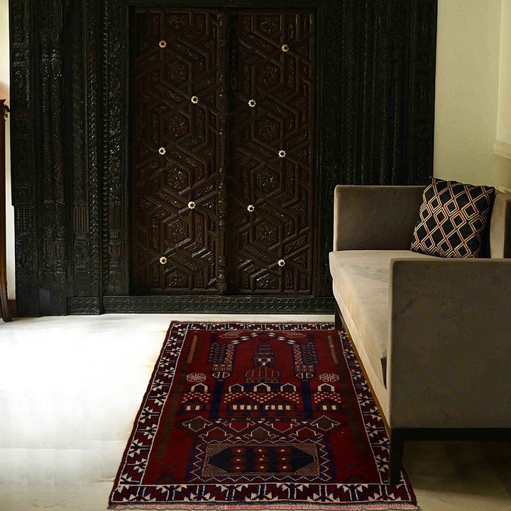 Red Afghan Prayer Rug 2' 11" x 4' 7" Hand-Knotted texture