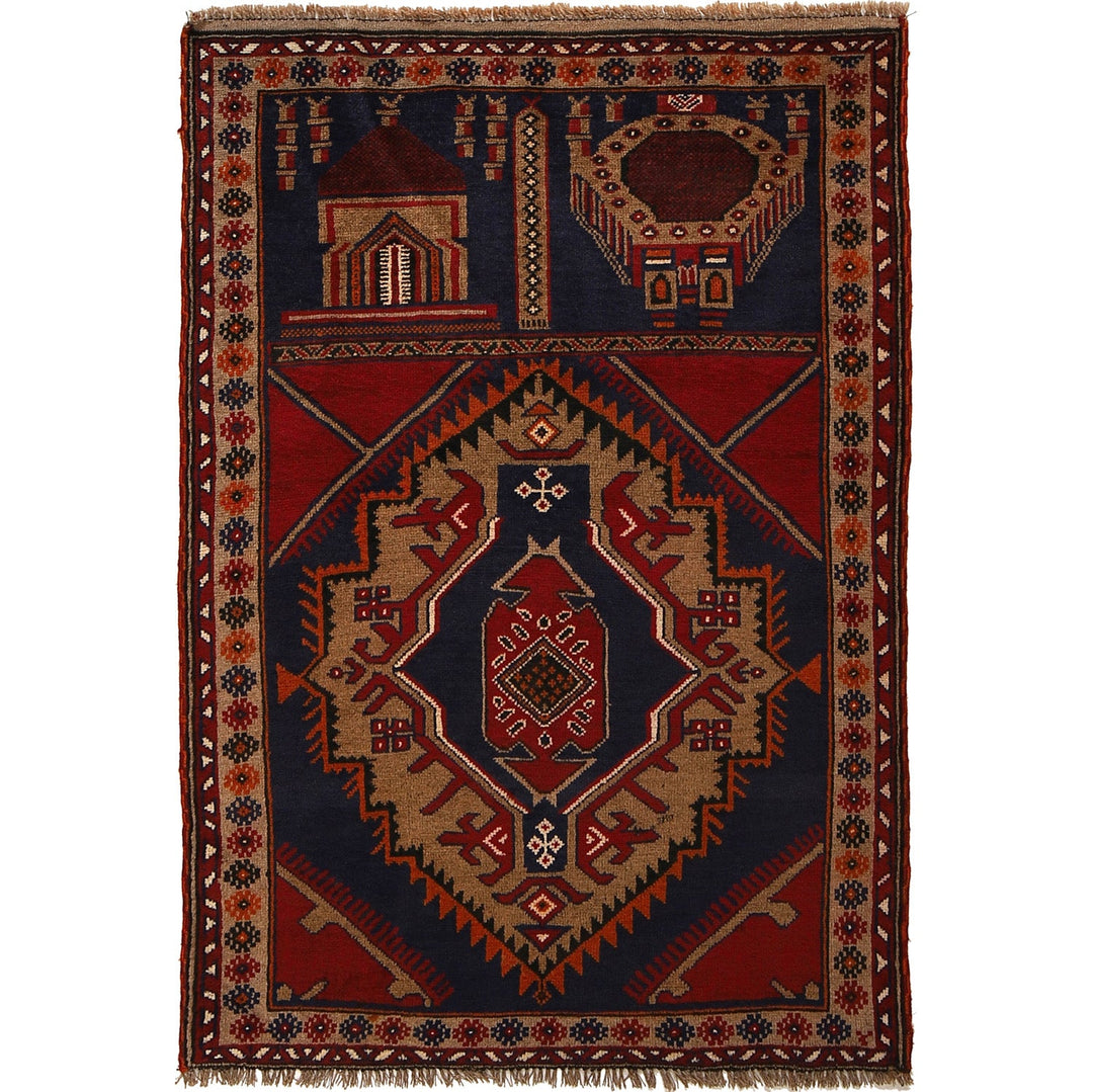 Afghan Prayer Rug 3' 3" x 4' 9" Hand-Knotted
