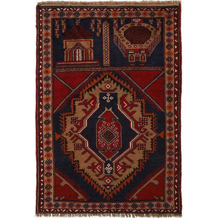 Afghan Prayer Rug 3' 3" x 4' 9" Hand-Knotted