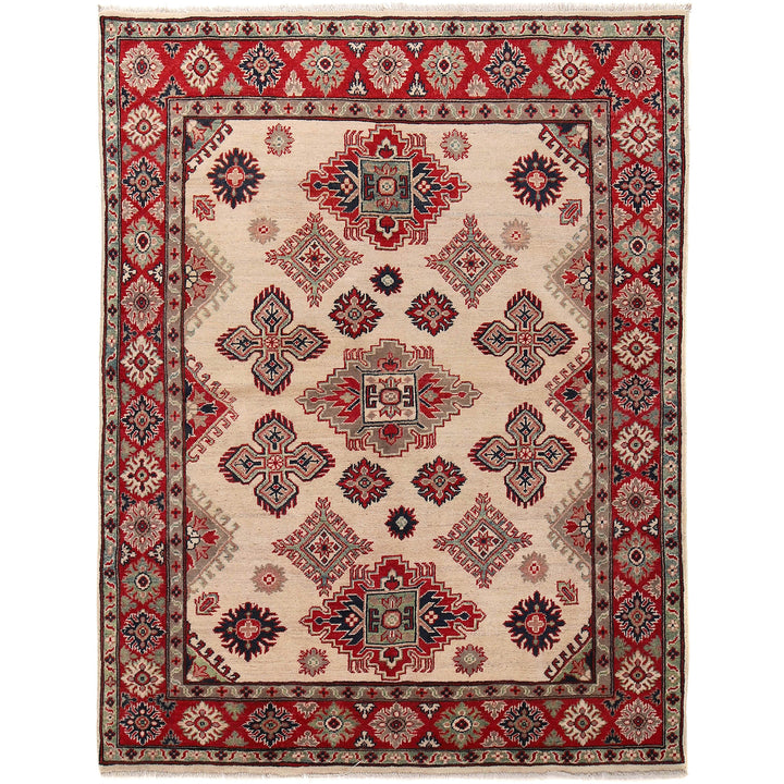Beige Afghan Kazak Rug 5' 0" x 6' 7" Hand-Knotted | No. AL82660