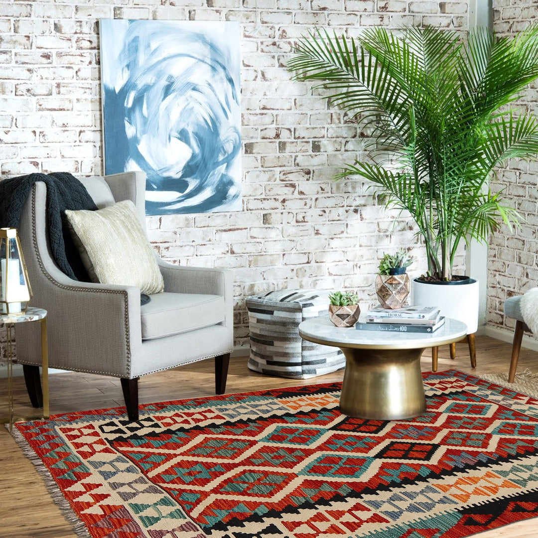 Hand Woven Wool Kelim 4' 4" x 6' 0" - No. AL14217