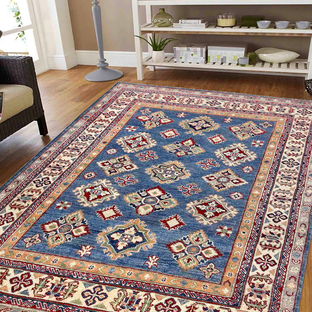 Blue Afghan Kazak Rug 4' 9" x 6' 4" Hand-Knotted | No. AL86138