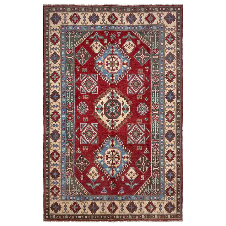 Red Afghan Kazak Rug 4' 10" x 7' 8" Hand-Knotted | No. AL637720