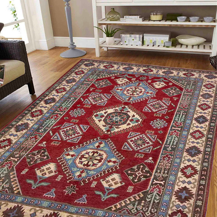 Red Afghan Kazak Rug 4' 10" x 7' 8" Hand-Knotted | No. AL637720
