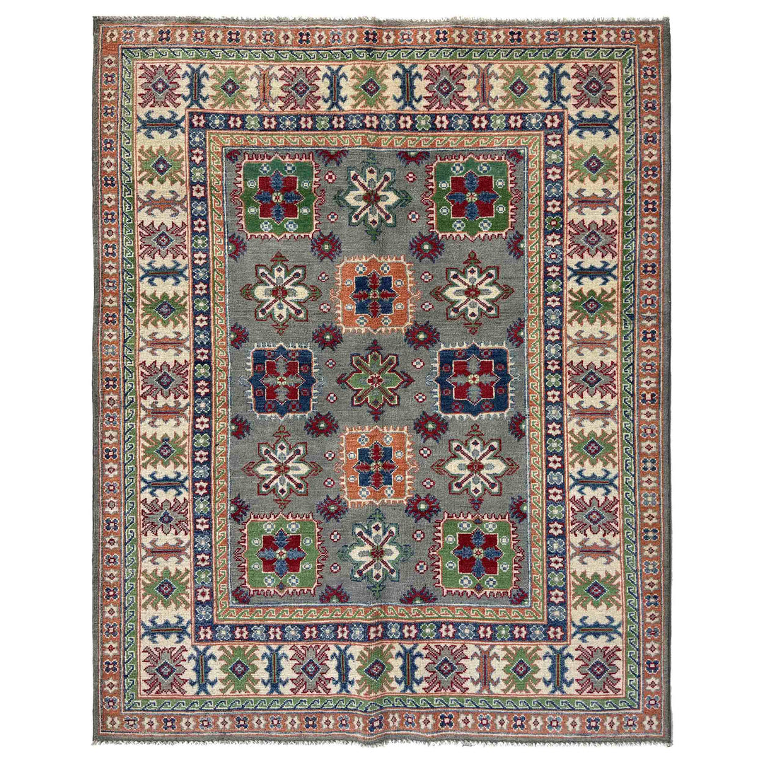 Gray Afghan Kazak Rug 4' 11" x 6' 6" Hand-Knotted