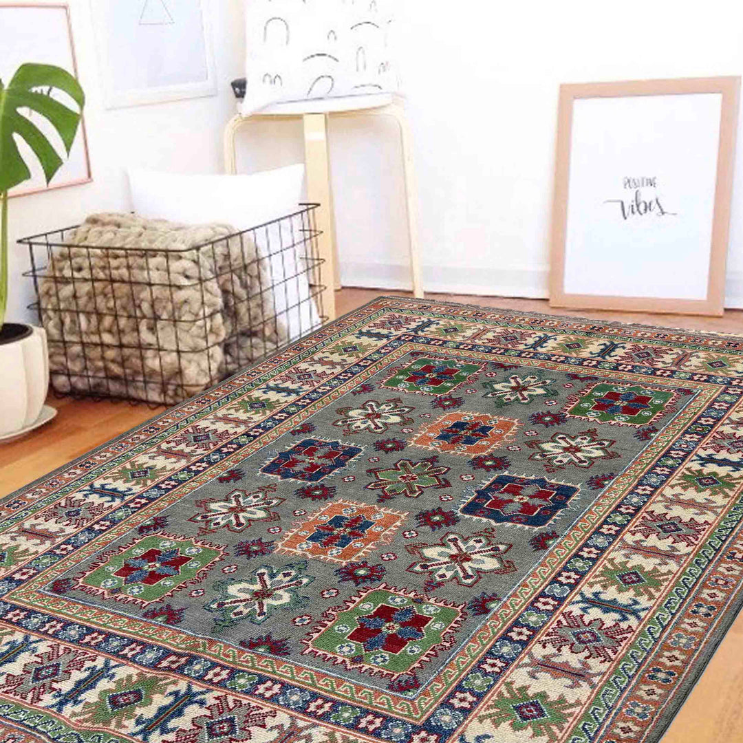 Gray Afghan Kazak Rug 4' 11" x 6' 6" Hand-Knotted | No. AL66271