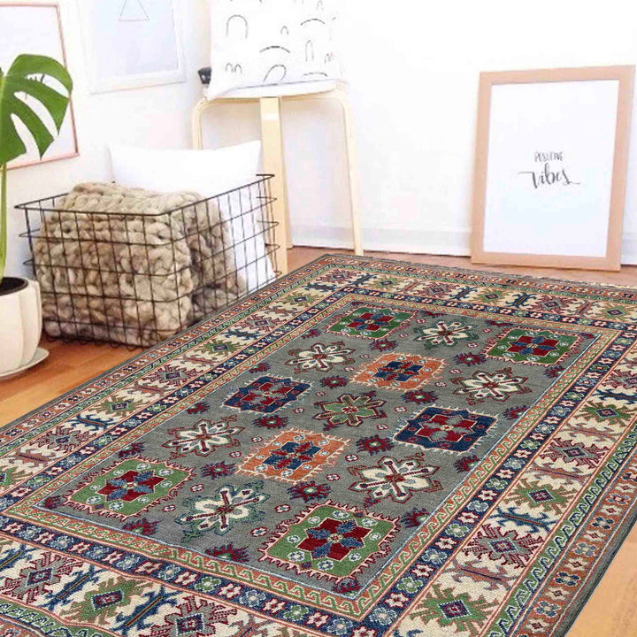 Gray Afghan Kazak Rug 4' 11" x 6' 6" Hand-Knotted texture