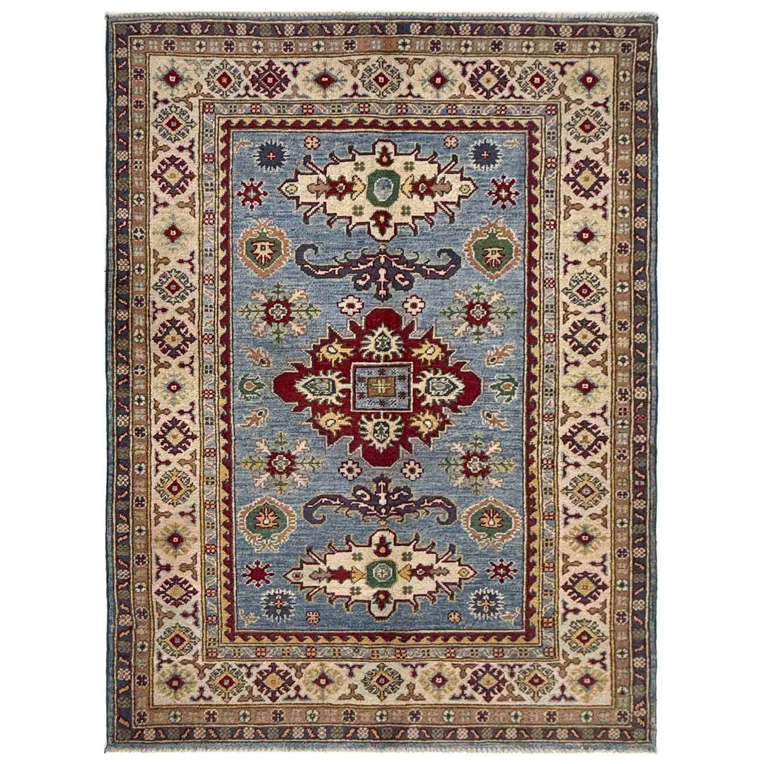 Blue Afghan Kazak Rug 4' 0" x 5' 11" Hand-Knotted