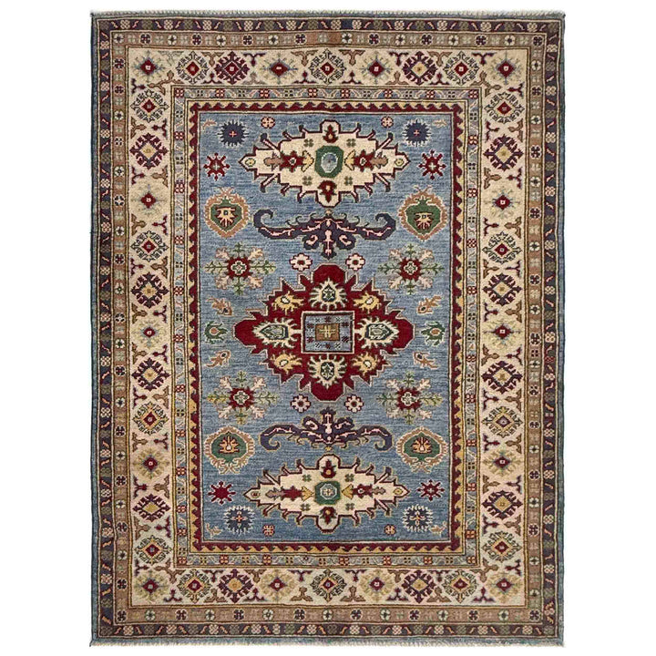 Blue Afghan Kazak Rug 4' 0" x 5' 11" Hand-Knotted | No. AL101383