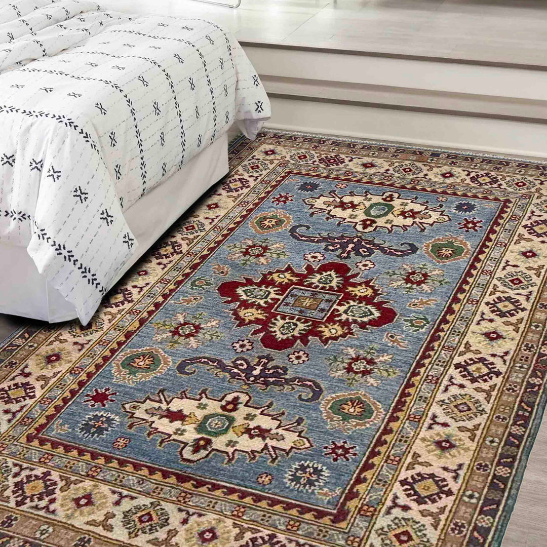 Blue Afghan Kazak Rug 4' 0" x 5' 11" Hand-Knotted | No. AL101383