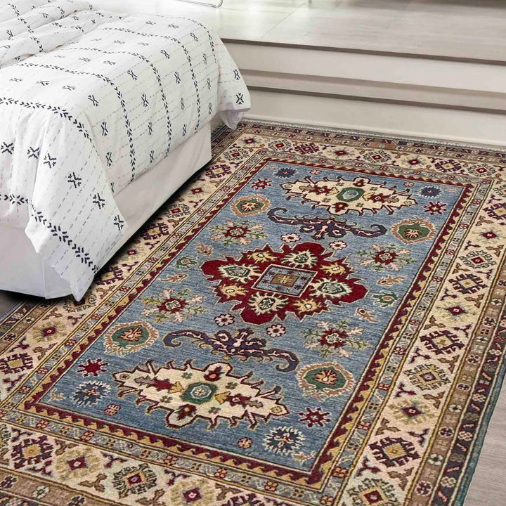 Blue Afghan Kazak Rug 4' 0" x 5' 11" Hand-Knotted | No. AL101383