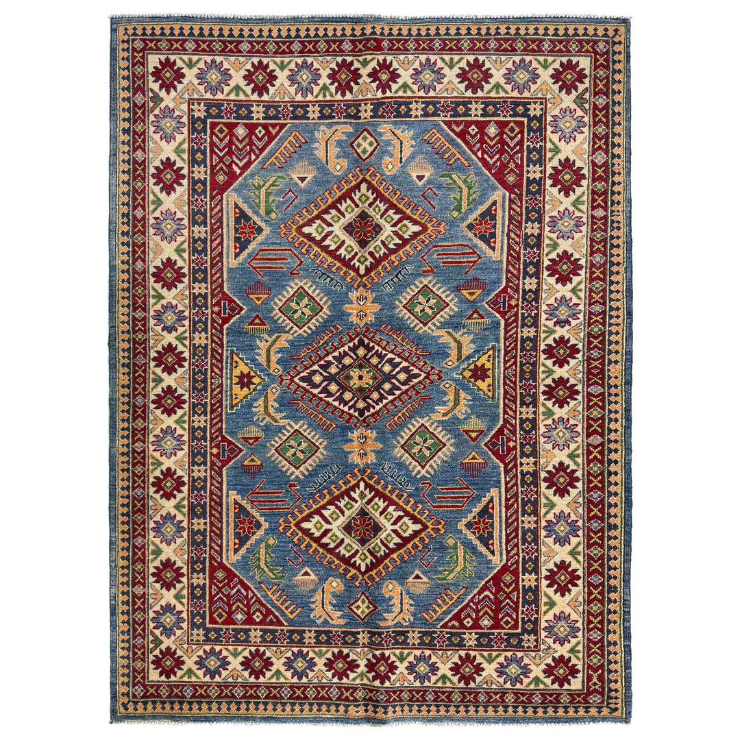 Blue Afghan Kazak Rug 4' 11" x 6' 10" Hand-Knotted