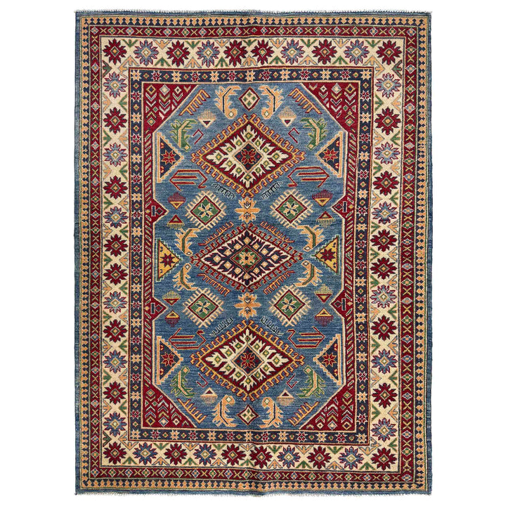 Blue Afghan Kazak Rug 4' 11" x 6' 10" Hand-Knotted
