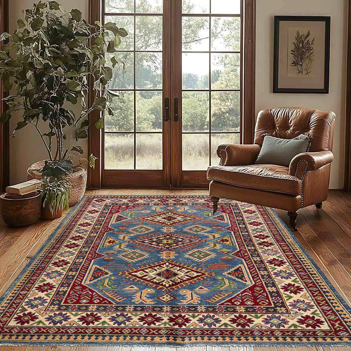 Blue Afghan Kazak Rug 4' 11" x 6' 10" Hand-Knotted texture