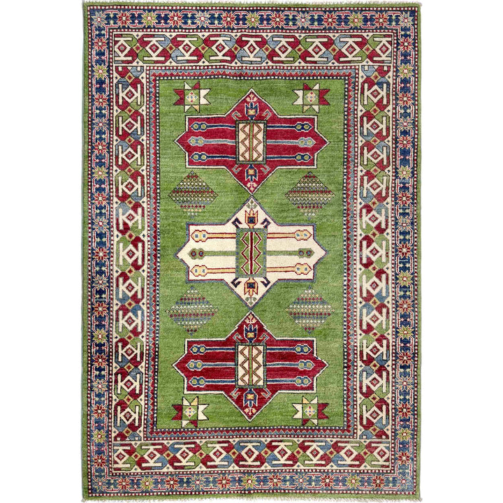 Green Afghan Kazak Rug 3' 11" x 5' 11" Hand-Knotted | No. AL46698