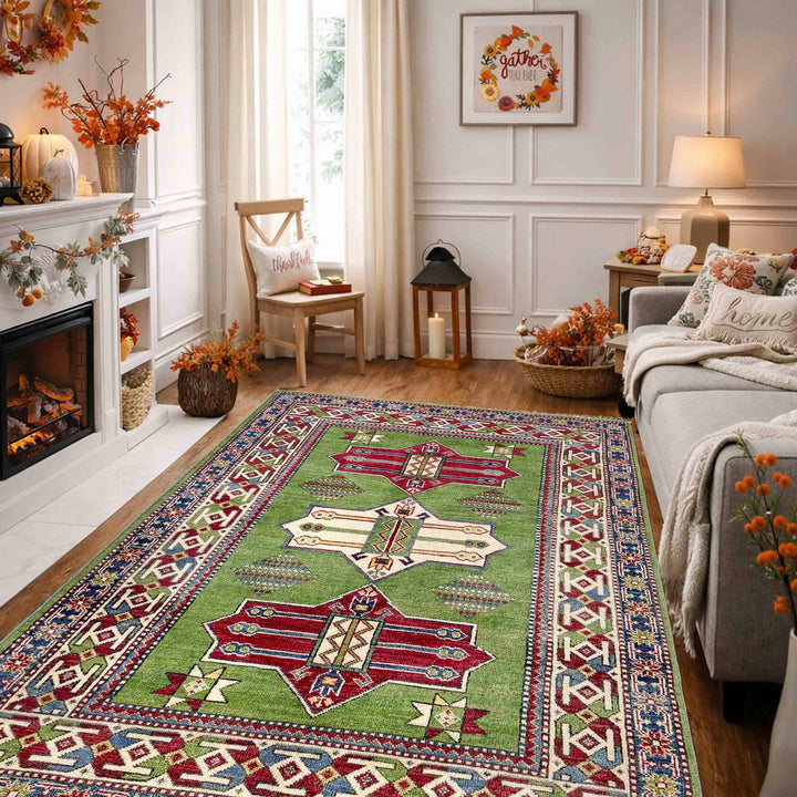 Green Afghan Kazak Rug 3' 11" x 5' 11" Hand-Knotted | No. AL46698