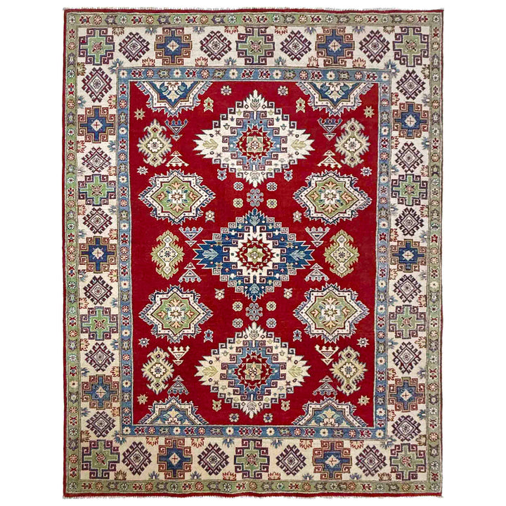 Red Afghan Kazak Rug 5' 7" x 7' 10" Hand-Knotted | No. AL42345