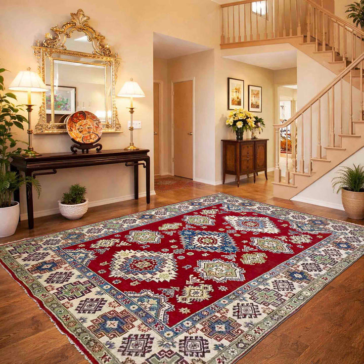 Red Afghan Kazak Rug 5' 7" x 7' 10" Hand-Knotted | No. AL42345
