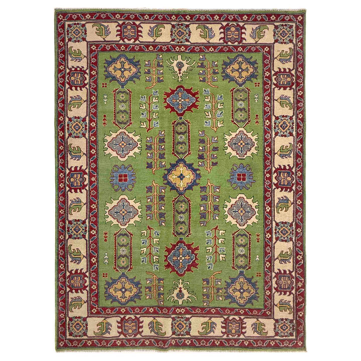 Green Afghan Kazak Rug 5'8" x 8'4" Hand-Knotted