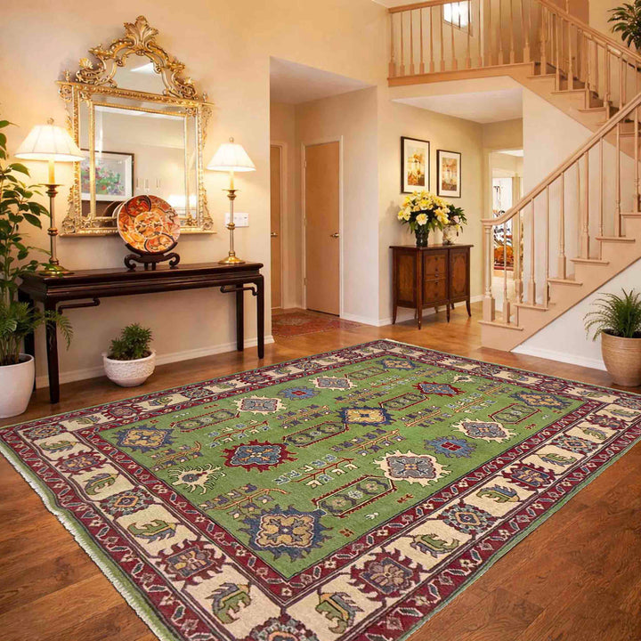 Green Afghan Kazak Rug 5'8" x 8'4" Hand-Knotted texture