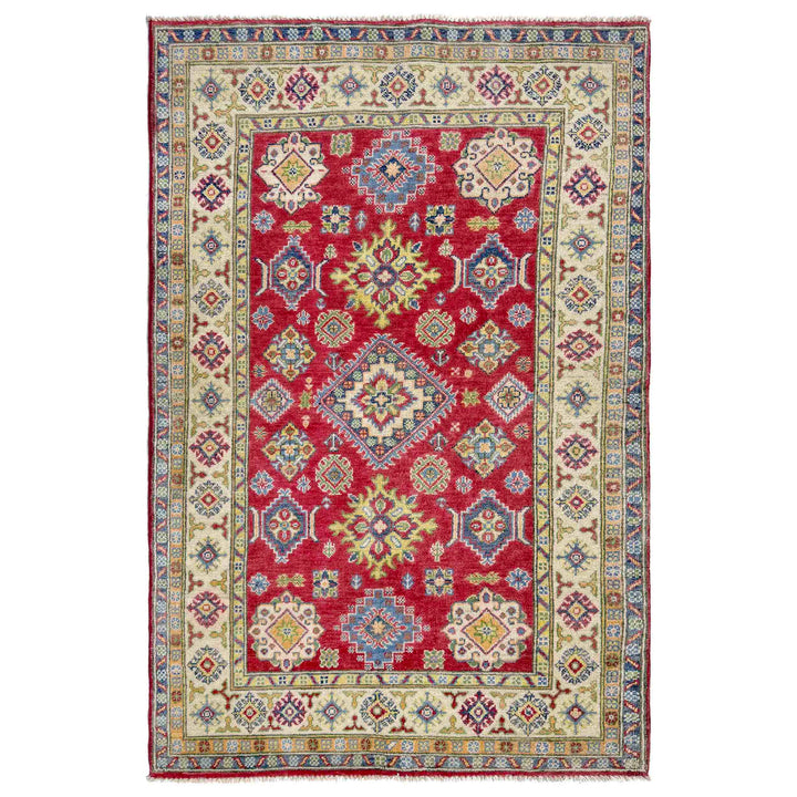 Red Afghan Kazak Rug 4' 2" x 5' 11" Hand-Knotted | No. AL36959