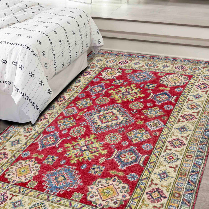 Red Afghan Kazak Rug 4' 2" x 5' 11" Hand-Knotted | No. AL36959