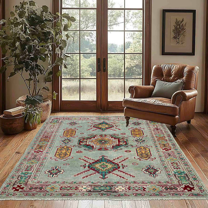Gray Afghan Kazak Rug 4' 2" x 5' 8" Hand-Knotted | No. AL29913