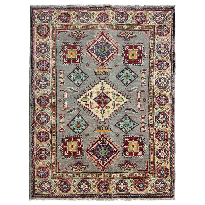 Gray Afghan Kazak Rug 4' 8" x 6' 5" Hand-Knotted | No. AL14035
