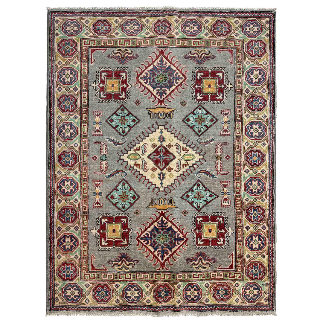 Gray Afghan Kazak Rug 4' 8" x 6' 5" Hand-Knotted