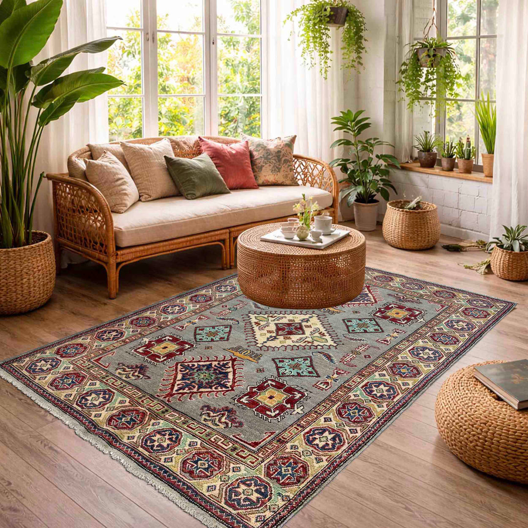 Gray Afghan Kazak Rug 4' 8" x 6' 5" Hand-Knotted | No. AL14035