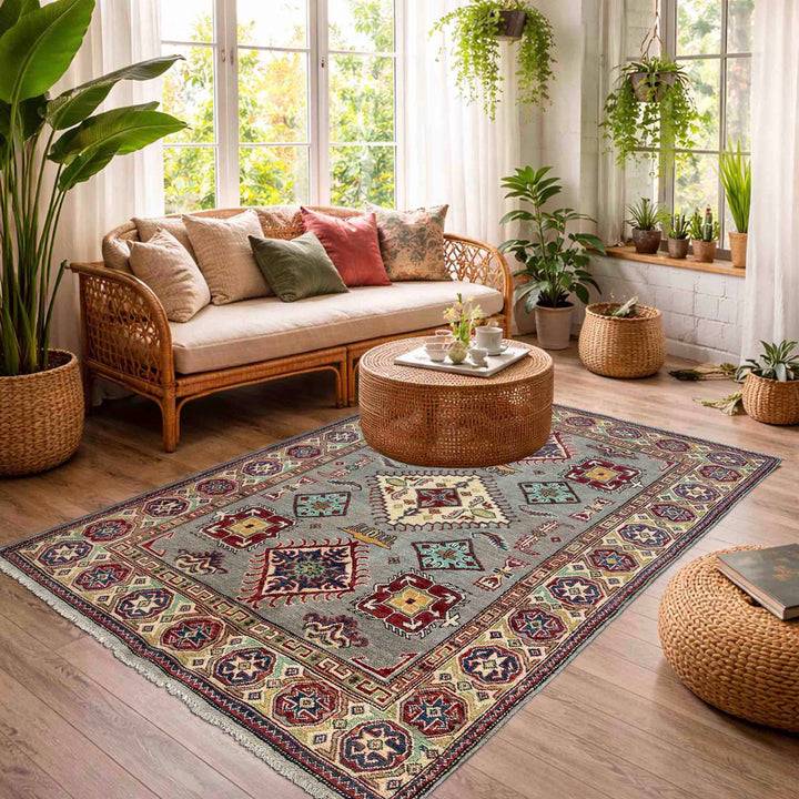 Gray Afghan Kazak Rug 4' 8" x 6' 5" Hand-Knotted texture