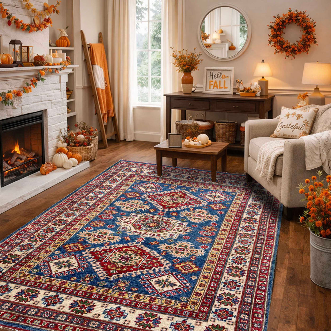 Blue Afghan Kazak Rug 3' 10" x 5' 10" Hand-Knotted | No. AL99456