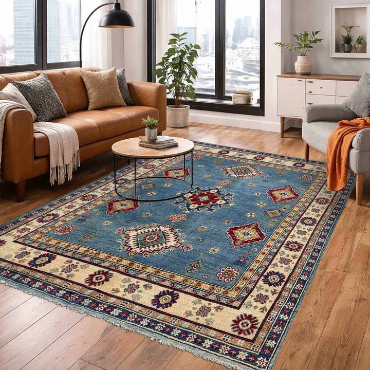 Blue Afghan Kazak Rug 4' 10" x 6' 2" Hand-Knotted | No. AL44465